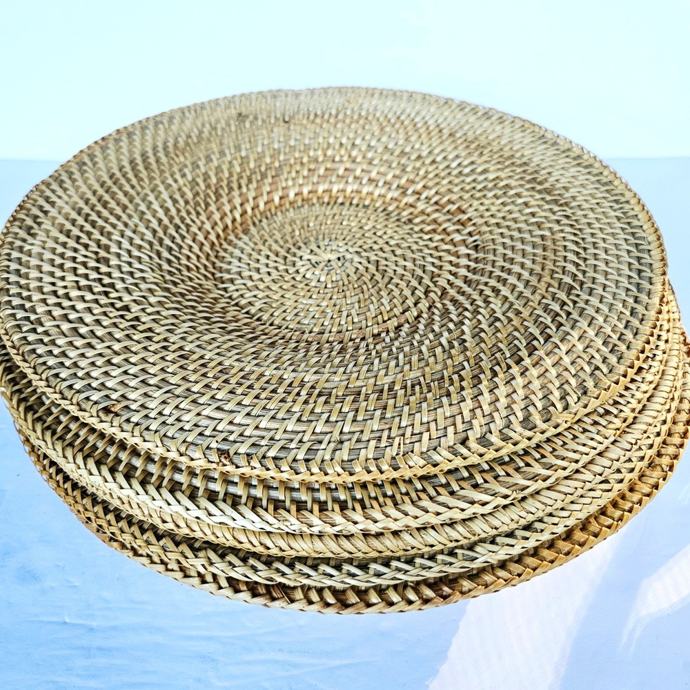 Set of 5 Round Woven Rattan Placemats 12.5" Spiral Straw Boho Table Rustic Decor
